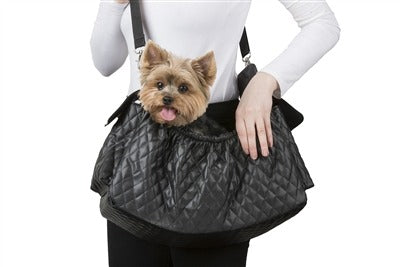 Petote Gigi Sling Dog Carrier Bag - Black Quilted With Black Patent Trim