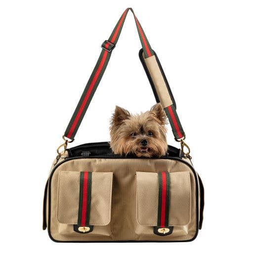 Petote Marlee 2 Dog Carrier - Khaki With Red Stripe