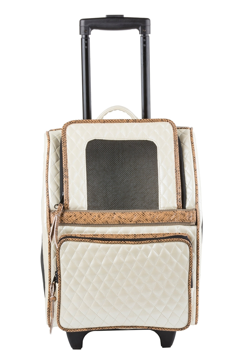 Petote Rio Dog Carrier On Wheels - Ivory Quilted With Faux Snake Trim