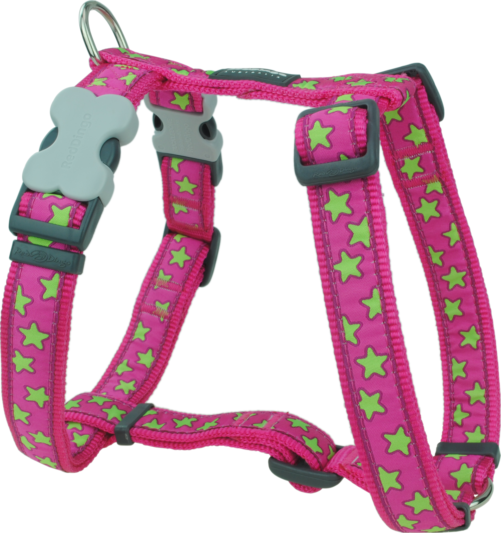 Red Dingo Designer Dog Harness - Stars (Lime Green on Hot Pink)