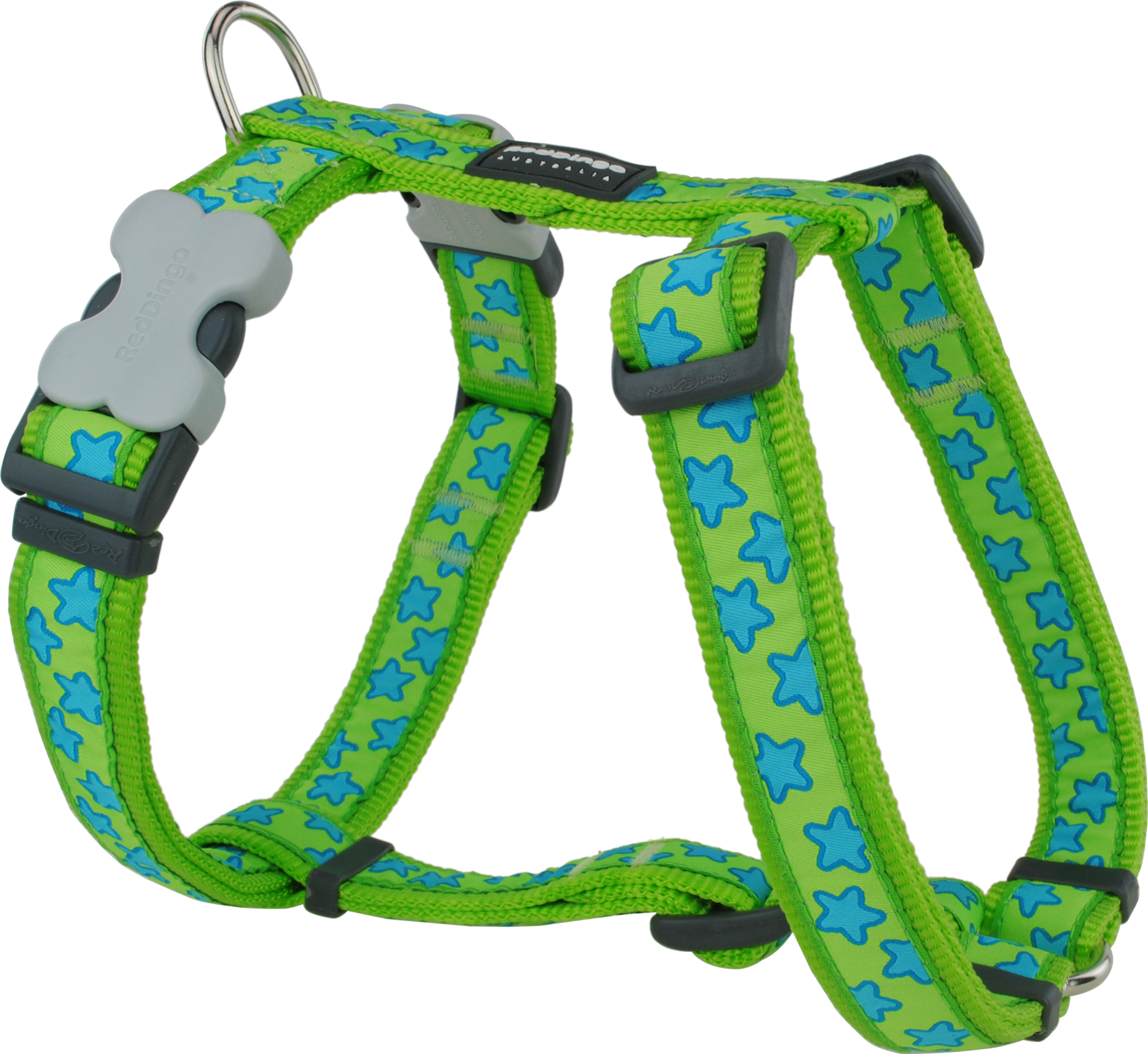Red Dingo Designer Dog Harness - Stars (Turquoise on Lime Green)