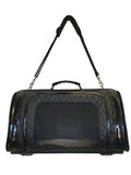 Black quilted dog carrier bag with mesh window and two shoulder straps