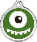 Green and silver monster-themed pet tag with a single eye on a white background