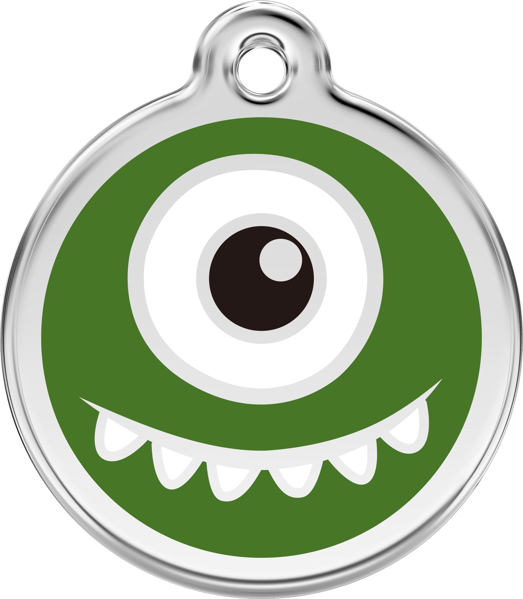Green and silver monster-themed pet tag with a single eye on a white background