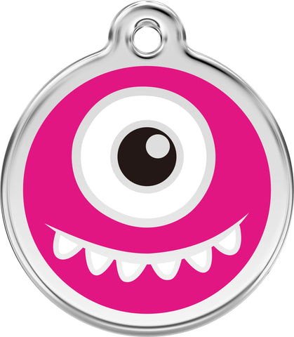 Pink monster-themed pet tag with a black eye and white teeth on a white background