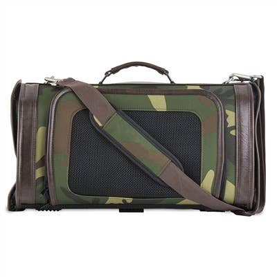 Camouflage airline-approved dog carrier with padded shoulder strap and mesh panels