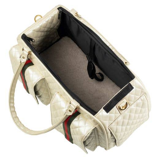 Petote Marlee 2 Dog Carrier - Ivory Quilted With Red Stripe
