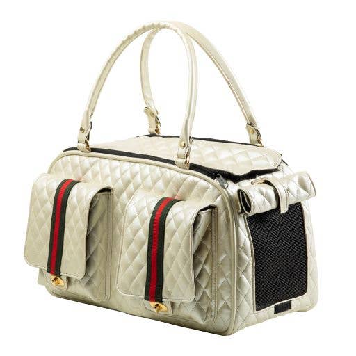 Petote Marlee 2 Dog Carrier - Ivory Quilted With Red Stripe