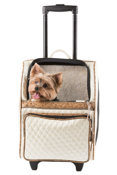 Petote Rio Dog Carrier On Wheels - Ivory Quilted With Faux Snake Trim