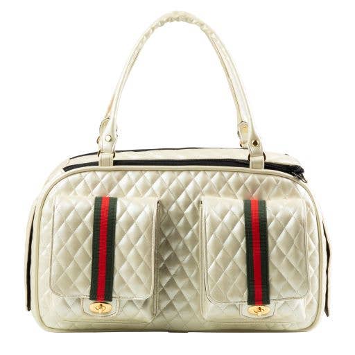 Petote Marlee 2 Dog Carrier - Ivory Quilted With Red Stripe