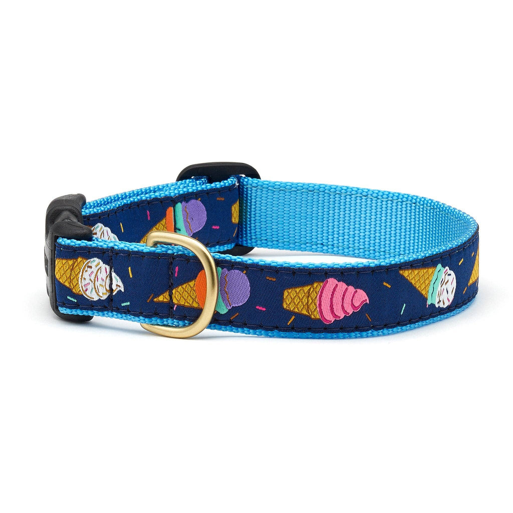 Blue dog collar with colorful ice-cream print and brass buckle