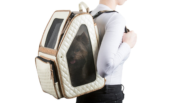 Petote Rio Dog Carrier On Wheels - Ivory Quilted With Faux Snake Trim