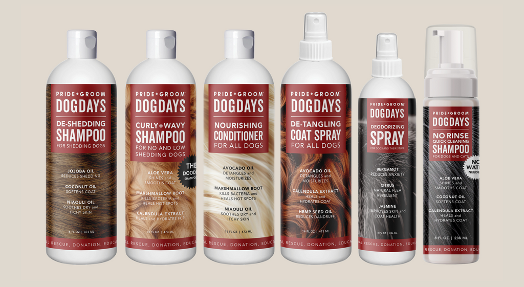 Assorted DOGDAYS grooming bottles set, including detangling coat spray and no-rinse shampoo