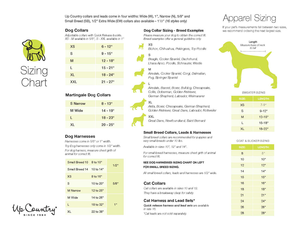 Up Country sizing chart showing dog collar, leash, and harness measurements