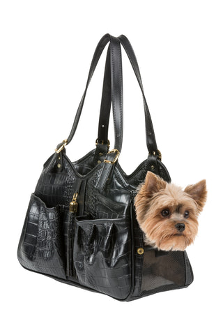 Petote Metro Dog Carrier - Black Faux Croco With Tassel