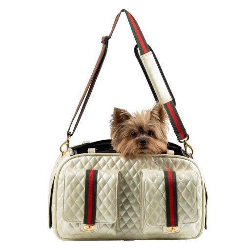 Petote Marlee 2 Dog Carrier - Ivory Quilted With Red Stripe