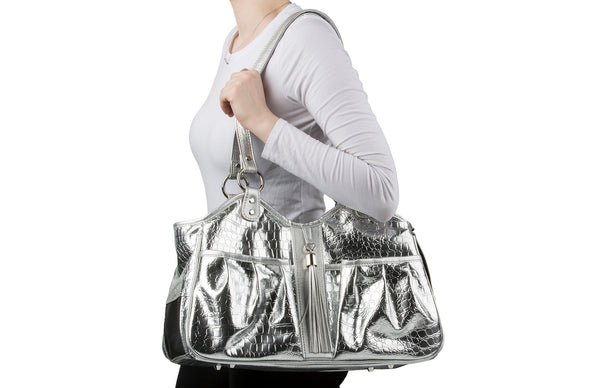 Petote Metro Dog Carrier - Silver Faux Gator With Tassel