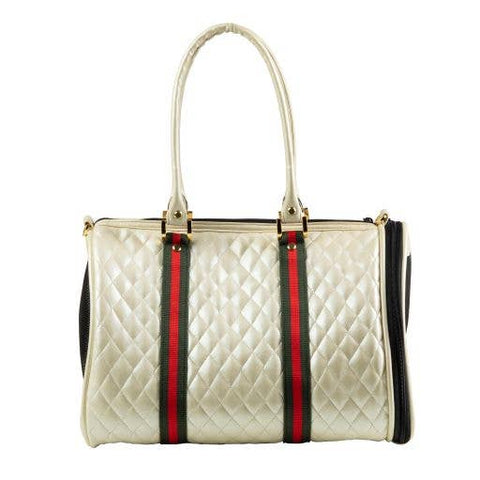 Petote Duffel Dog Carrier - Ivory Quilted With Red Stripe