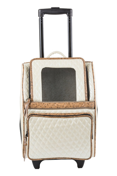 Petote Rio Dog Carrier On Wheels - Ivory Quilted With Faux Snake Trim
