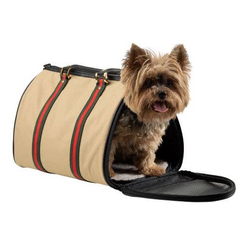 Petote Duffel Dog Carrier - Khaki With Red Stripe