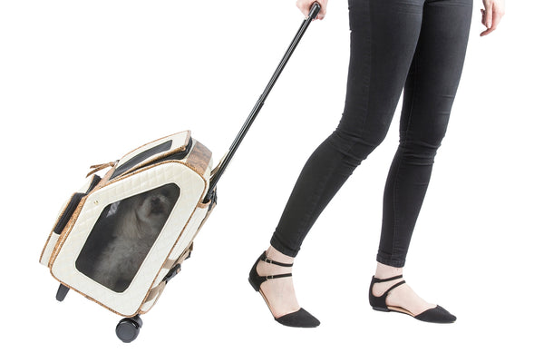 Petote Rio Dog Carrier On Wheels - Ivory Quilted With Faux Snake Trim
