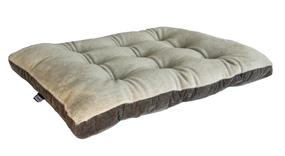 Fawn futon dog bed with a light taupe tufted cushion and dark gray sides