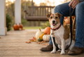 Spooky ghost dog collar on small brown-and-white dog, red fabric with gold buckle