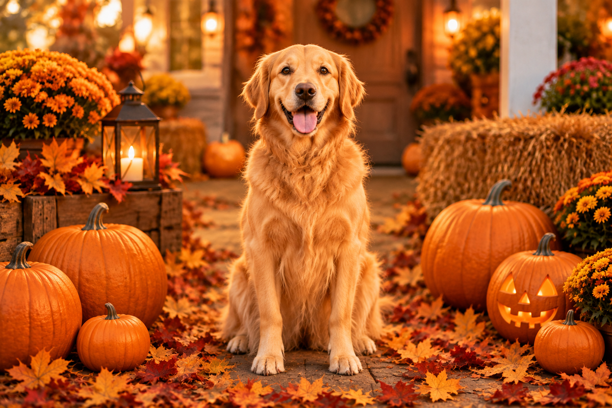 Halloween hero with a dog centered horizontally and vertically, without a bandana