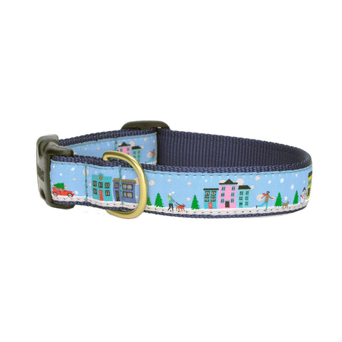 Dog collar with Christmas theme winter scene design on a blue city background
