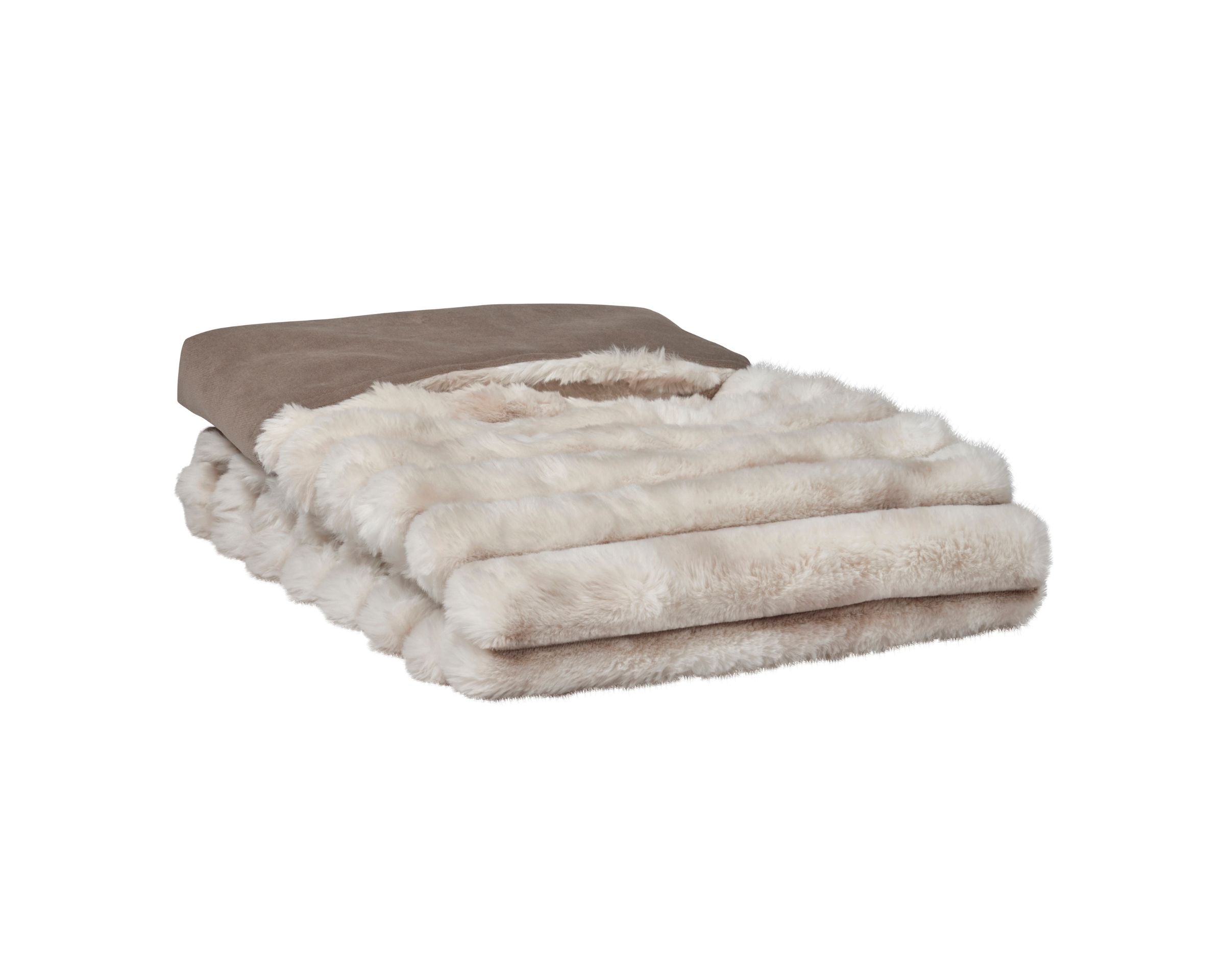 Folded beige blanket with fur trim on a white background