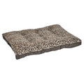 Leopard-print futon dog bed with a quilted cushion and dark fabric sides