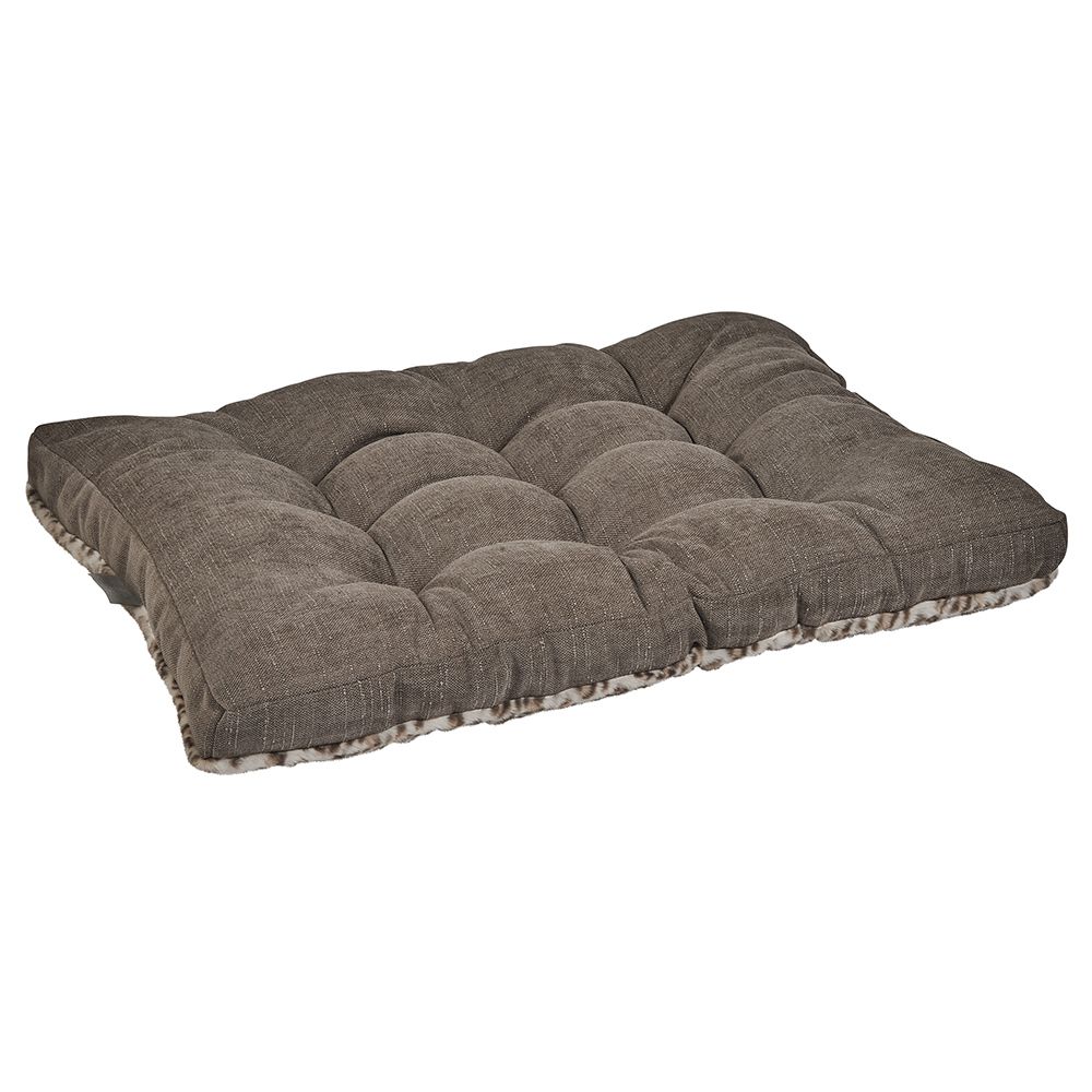 Futon dog bed with a tufted gray-brown top and leopard-print trim