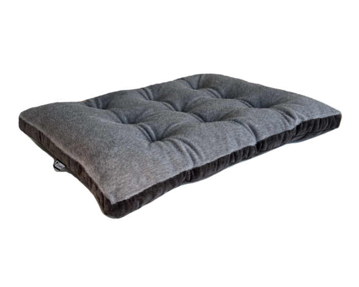 Otter dog bed, gray futon cushion with tufted padding and dark sides.