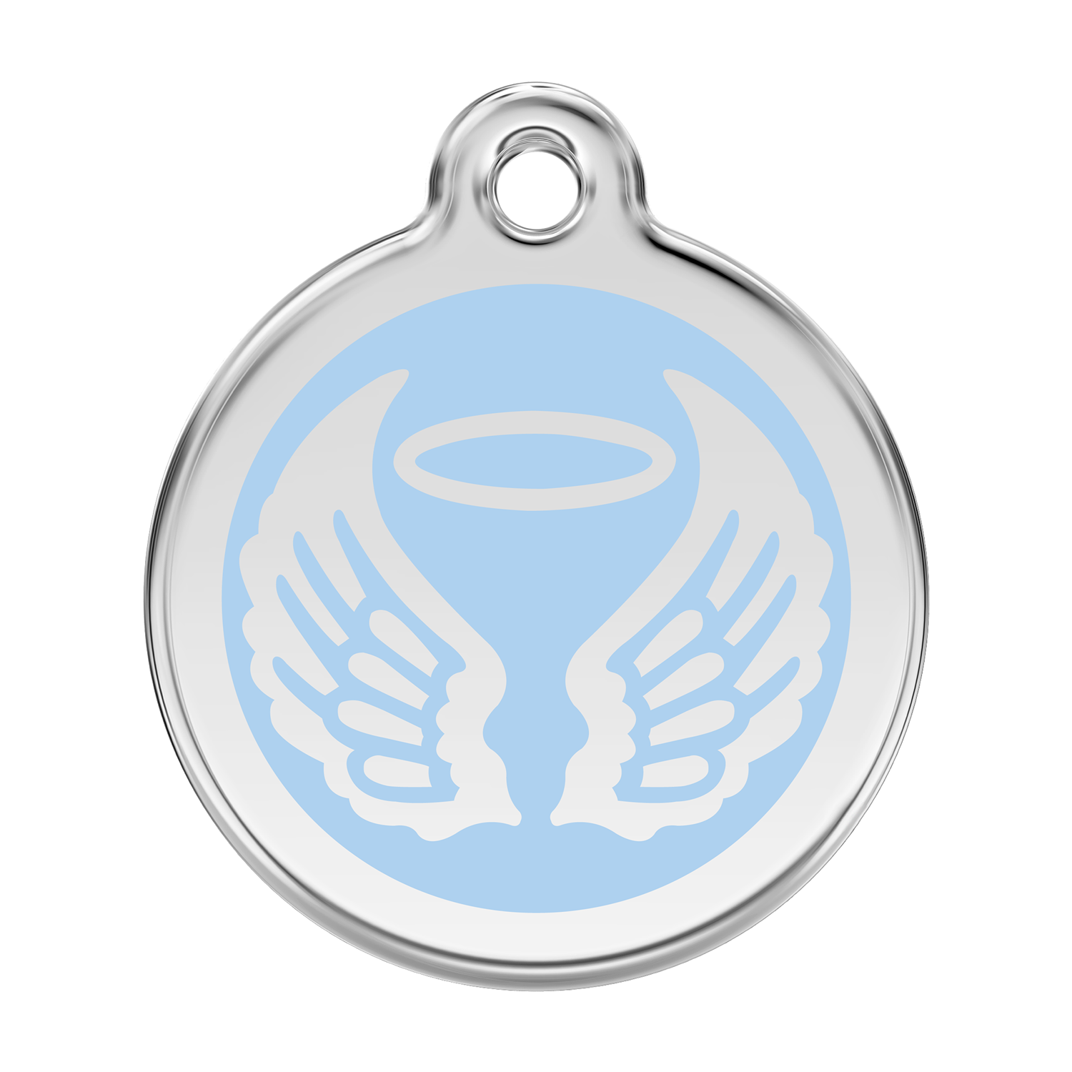Stainless steel dog ID tag with light blue enamel angel wings and flame icon