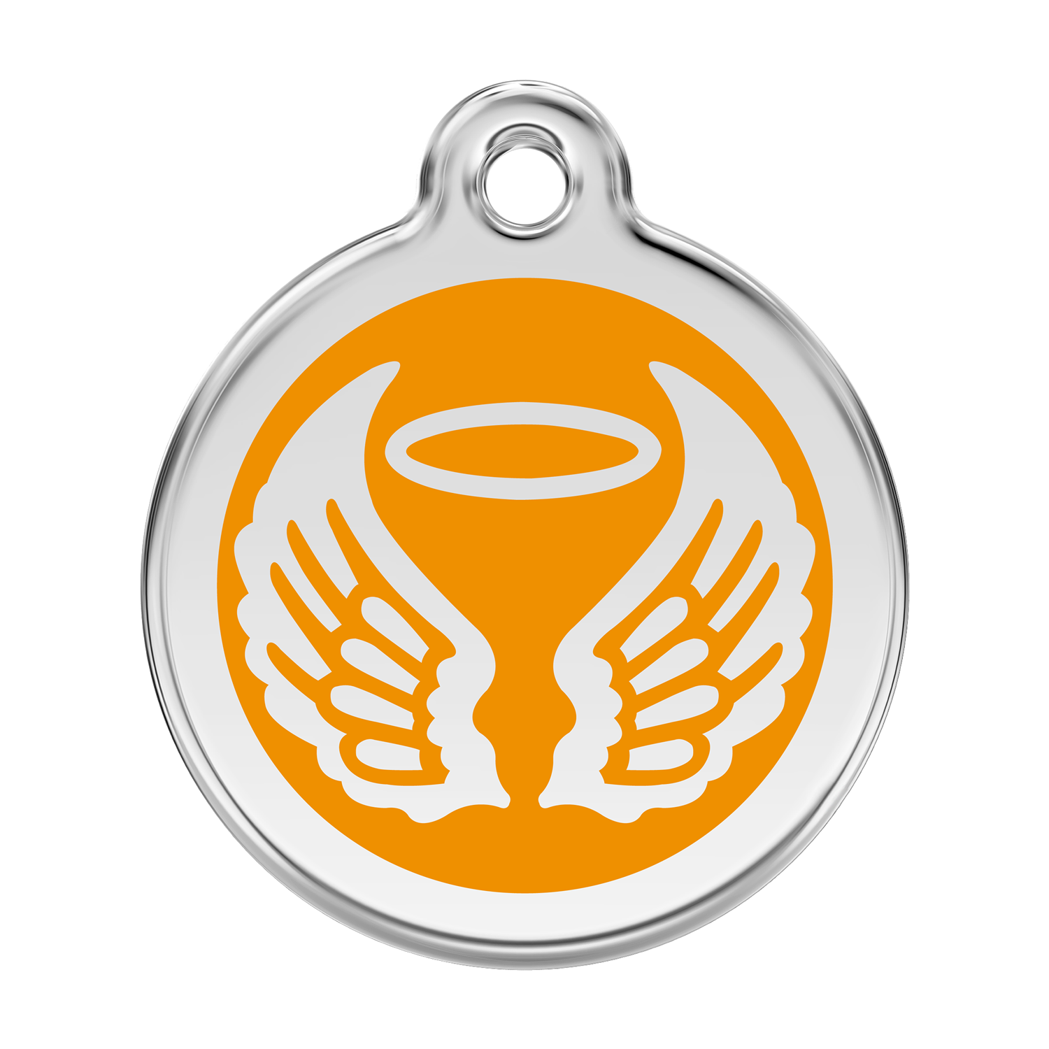 Stainless steel dog ID tag with orange enamel angel wings and flame icon