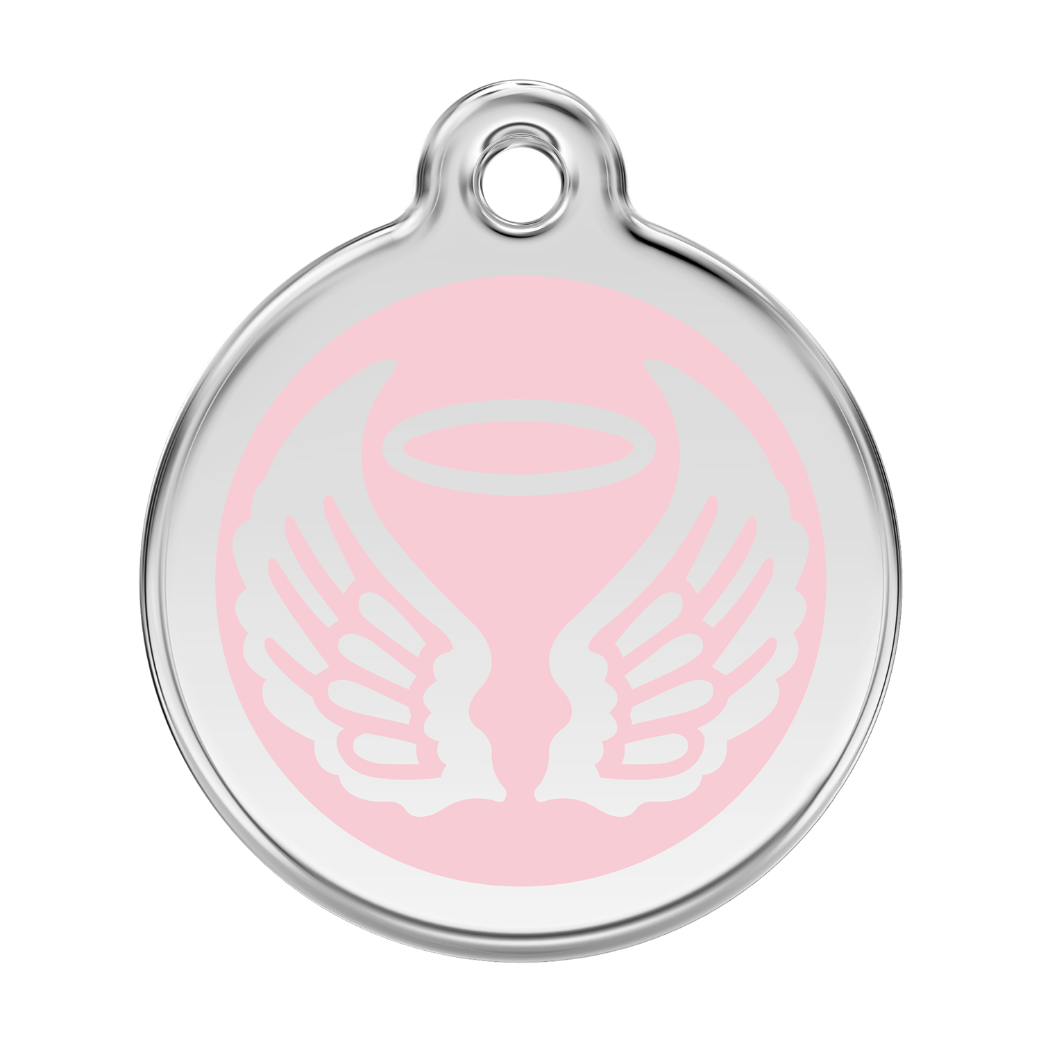 Stainless steel dog ID tag with light pink enamel angel wings and flame icon