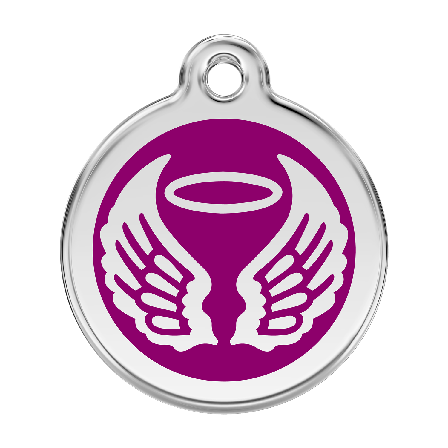 Stainless steel dog ID tag with purple enamel angel wings and flame icon