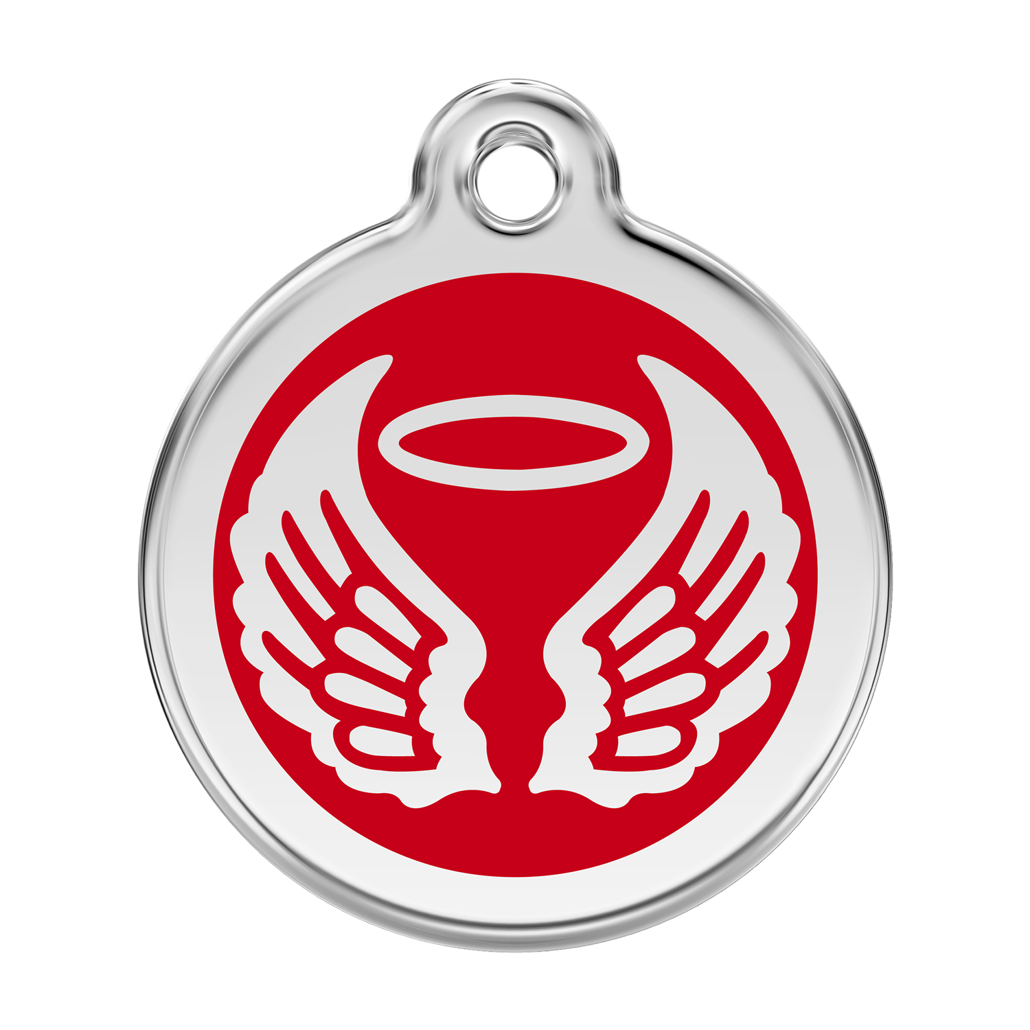 Stainless steel dog ID tag with red enamel angel wings and flame icon