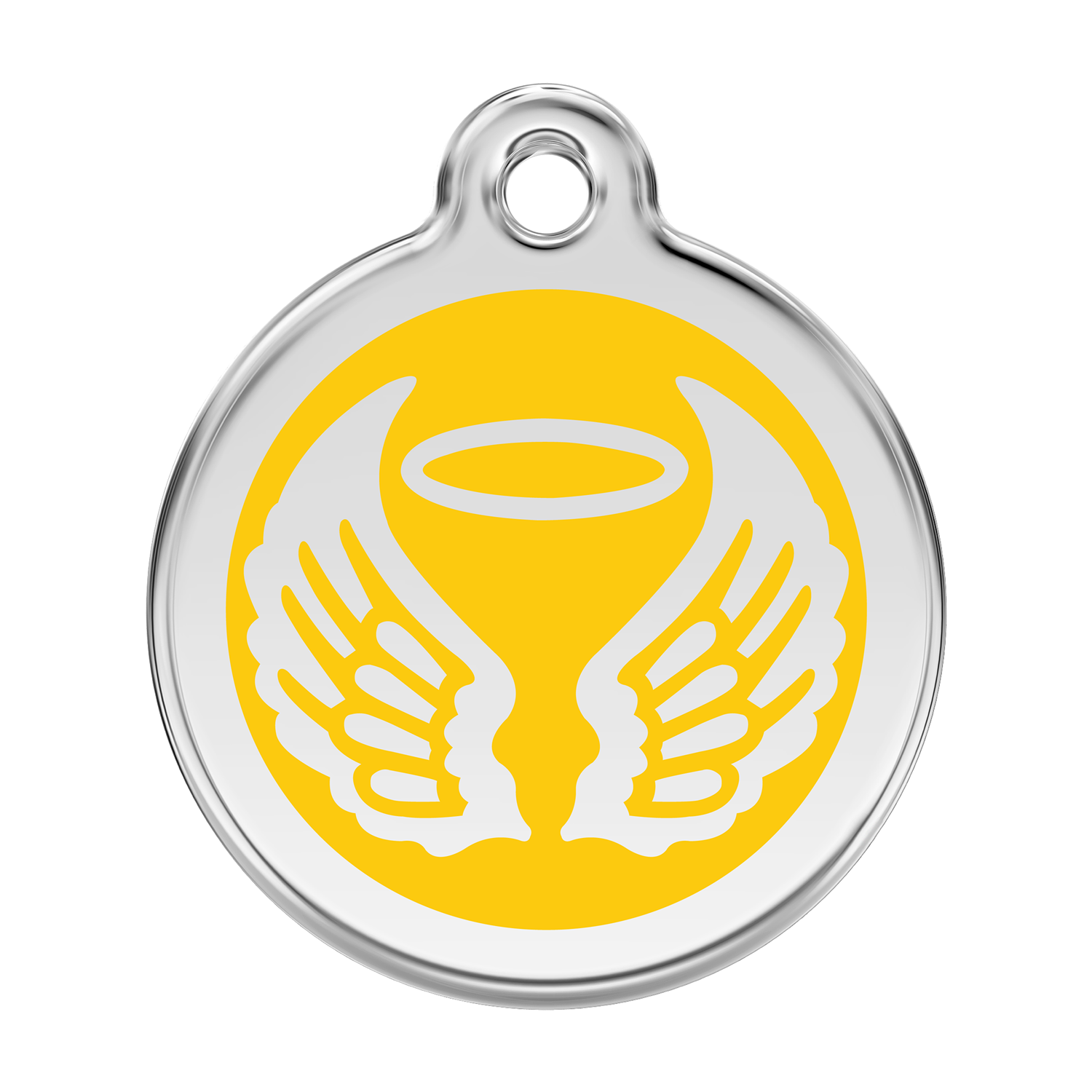 Stainless steel dog ID tag with yellow enamel angel wings and halo emblem