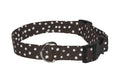 Brown dog collar with white polka dots, black buckle and silver D-ring