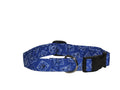 Blue bandana-style dog collar with black buckle and printed icons