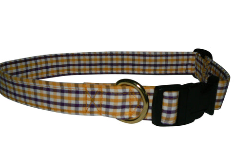 Elmo's Closet Gold & Purple Gingham Dog Collar