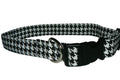Black and white houndstooth dog collar with metal D-ring and black buckle