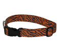 Dog collar with orange tiger-stripe fabric and black buckle