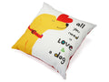 White dog accent pillow with yellow dog, red collar, and quote text Love & a dog