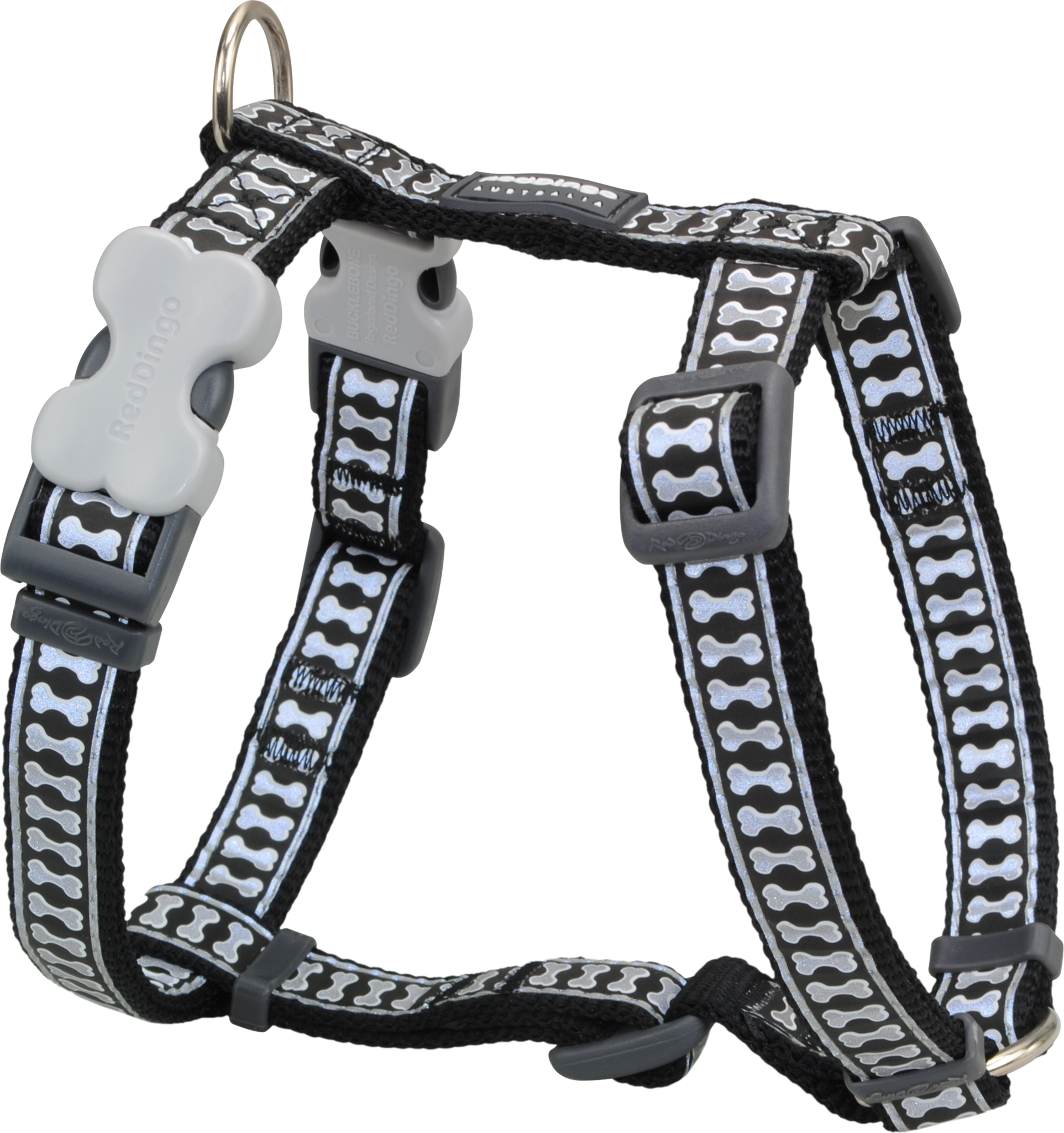 Red Dingo Designer Dog Harness - Reflective Bones (Black)