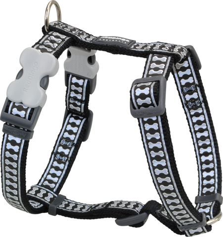 Red Dingo Designer Dog Harness - Reflective Bones (Black)