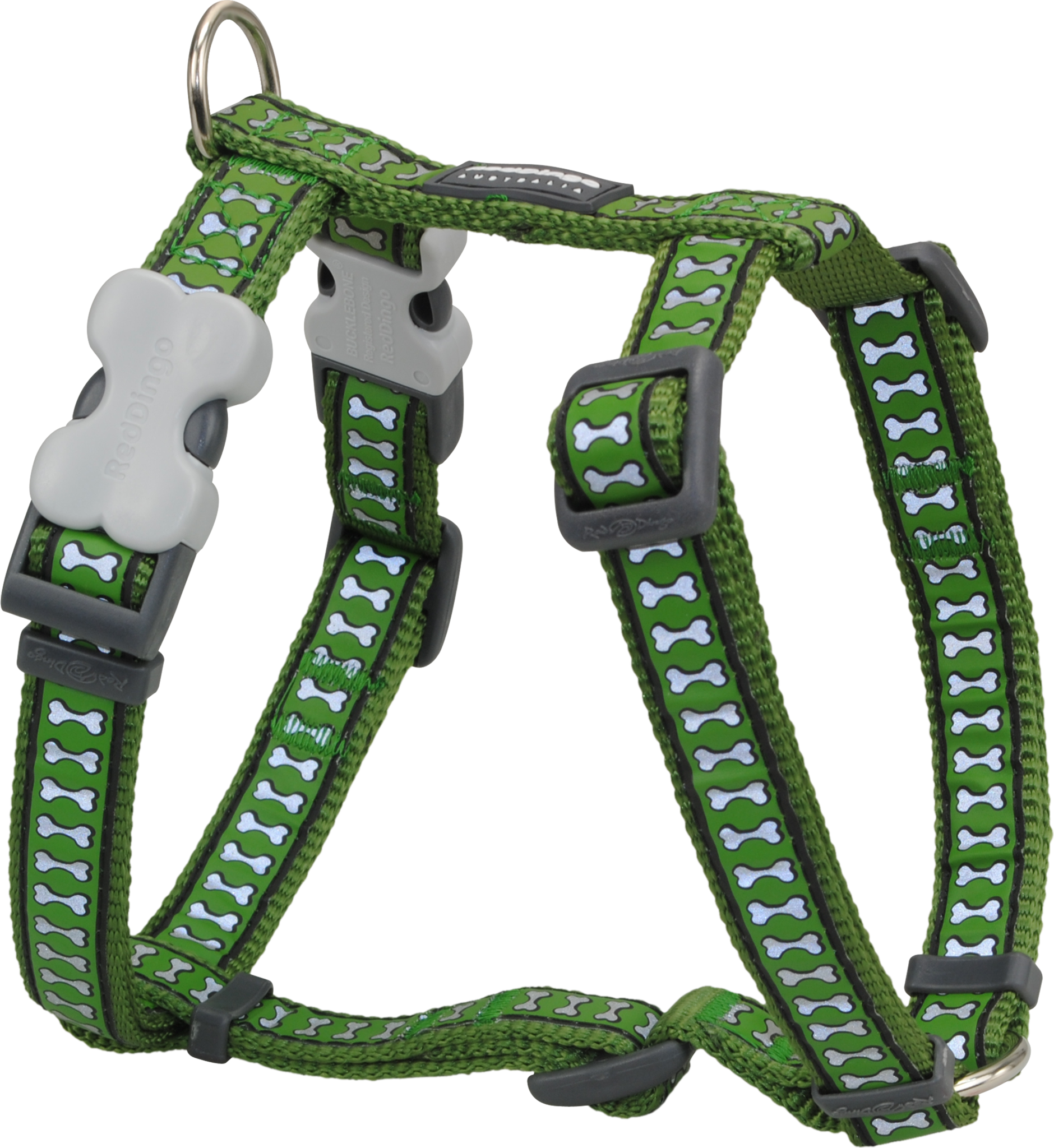 Red Dingo Designer Dog Harness - Reflective Bones (Green)