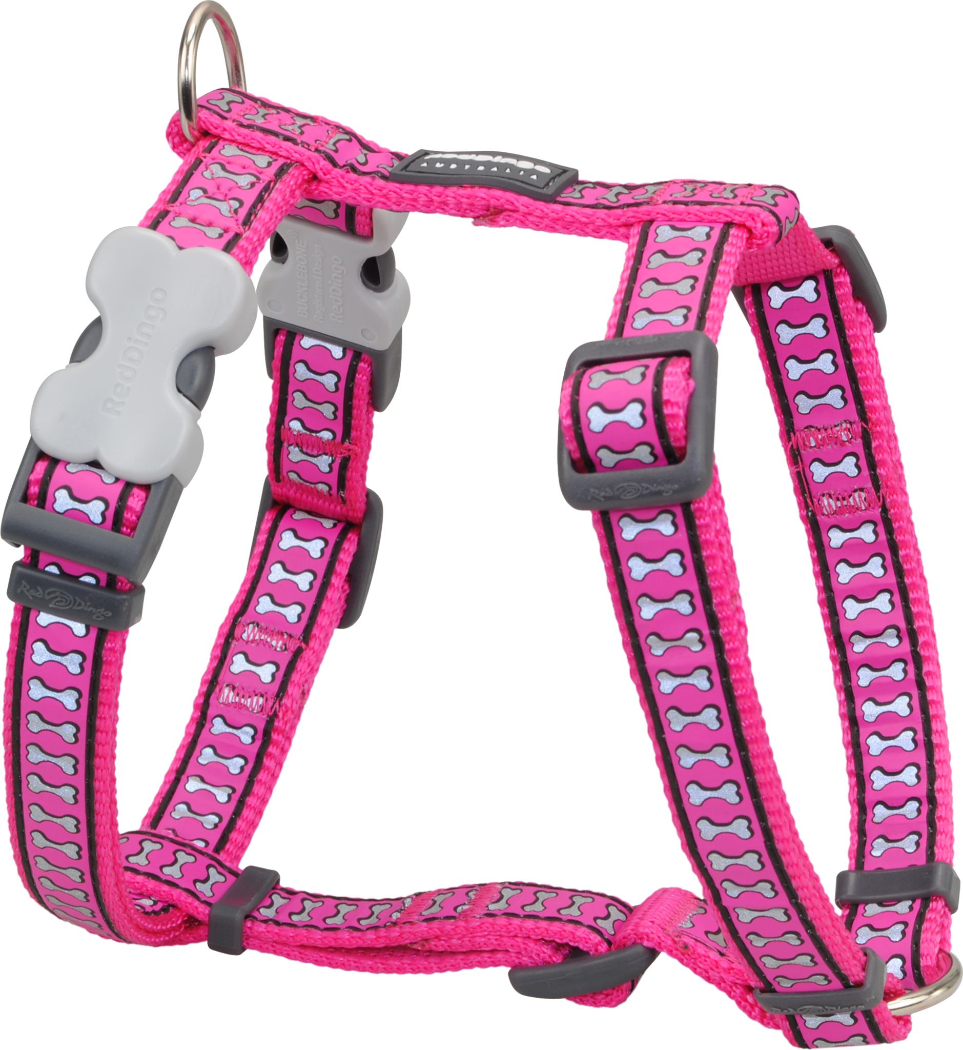 Red Dingo Designer Dog Harness - Reflective Bones (Hot Pink)