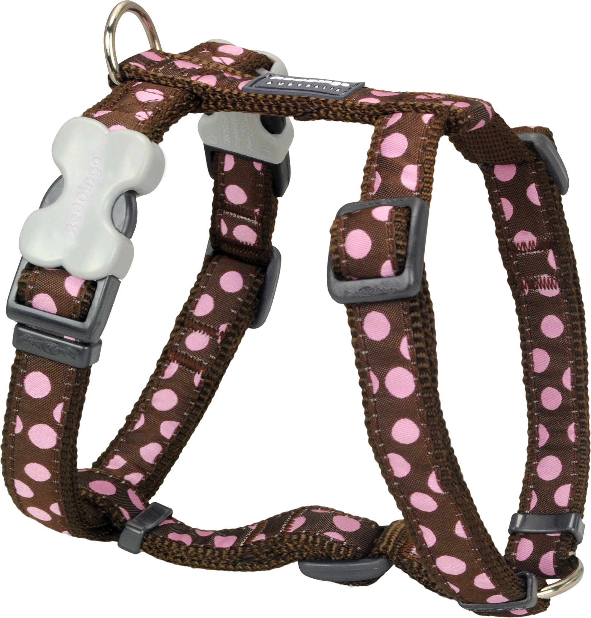 Red Dingo Dog Harness Design Pink Dots on Brown, Small